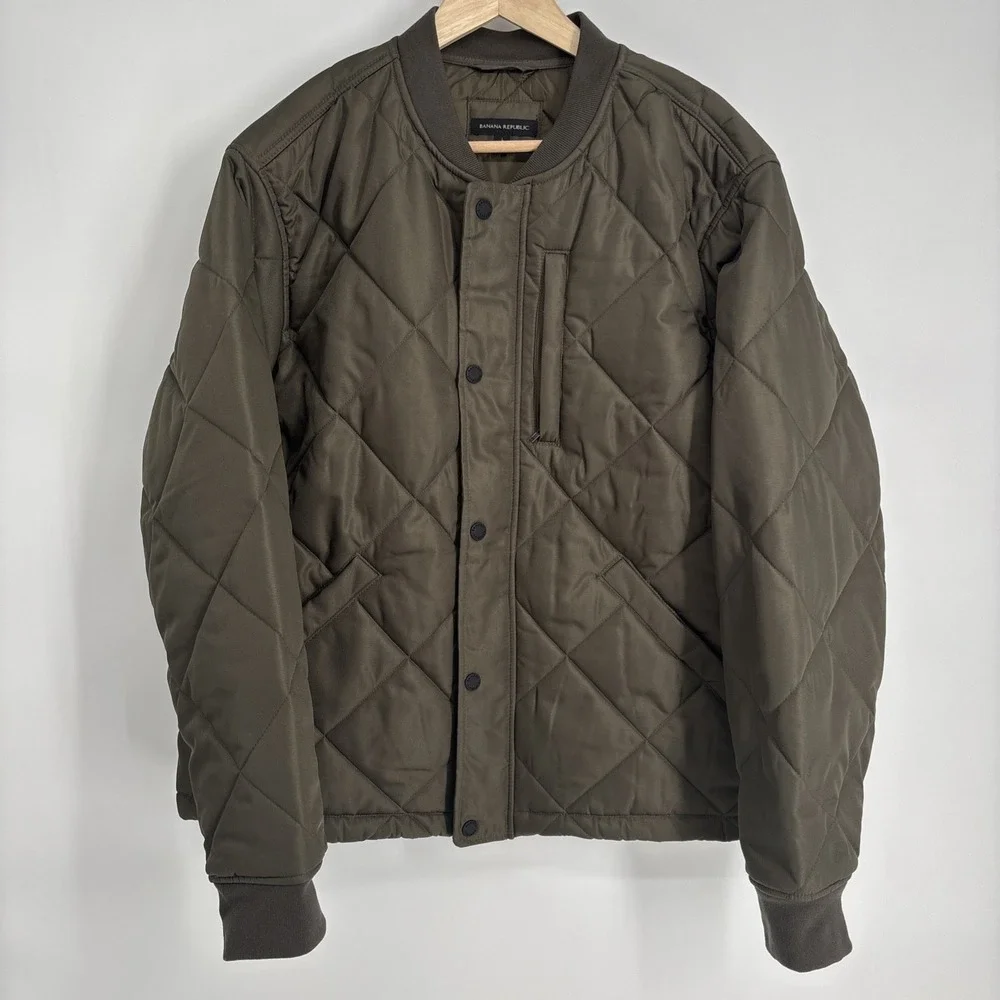 Banana Republic Jacket Mens Large Green Quilted Bomber Snap Front Insulated